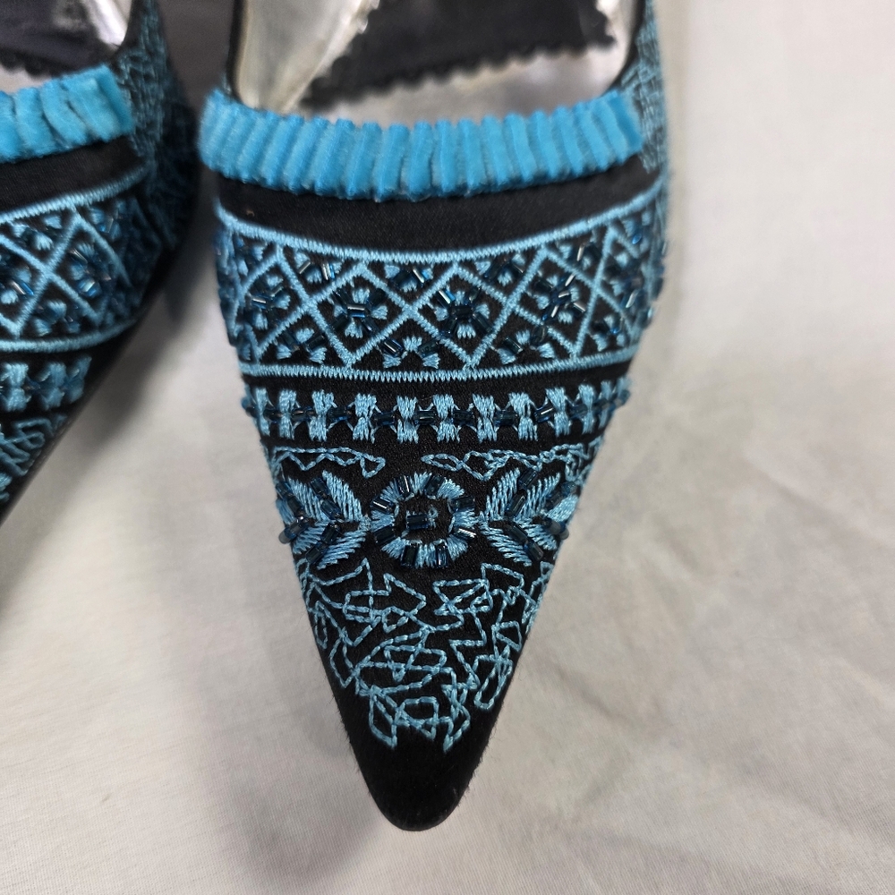 Vintage Red by Ramon Tenza Black Satin Stiletto Heels w/Turquise Embroidery. 7 - Picture 7 of 11